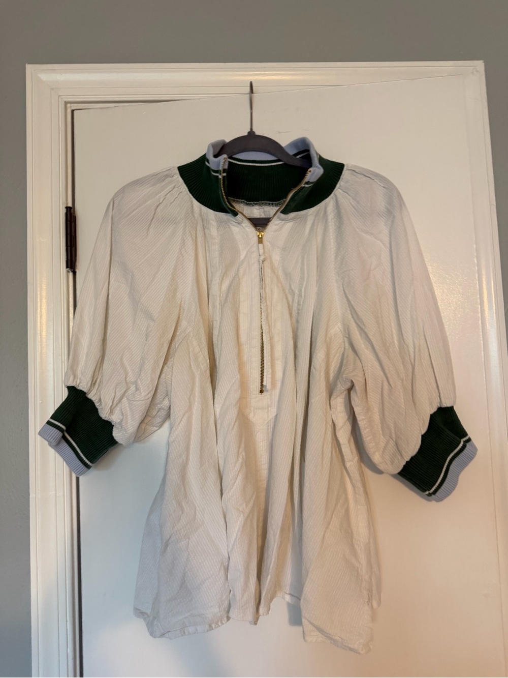 Maeve White Pullover Top with Green Rib Trim